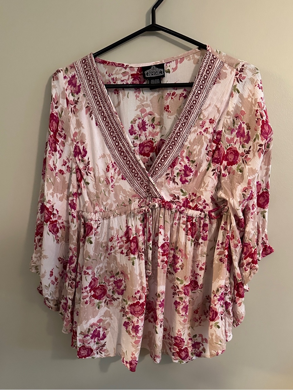 Angie Rose-Pink Floral V-Neck Peasant Tunic